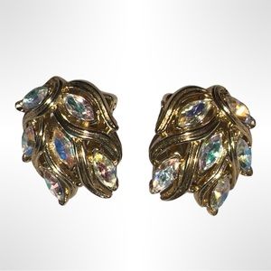 DAZZLING CROWN TRIFARI MARQUISE AB RHINESTONE CLIP On EARRINGS SET